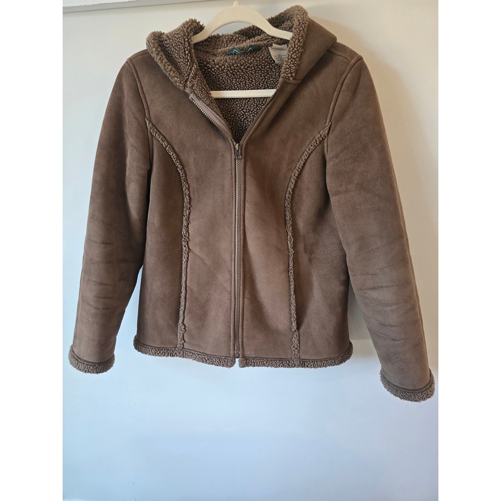 LL Bean Womens Brown Faux Shearling Suede Hooded Jacket Full Zip Small 0FDL2